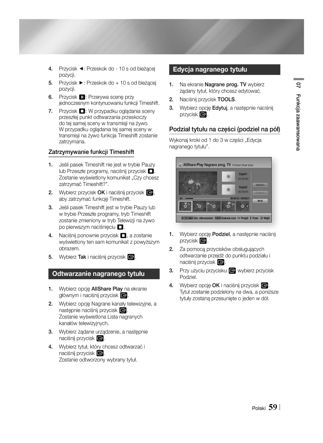 Samsung BD-E8500/EN manual Odtwarzanie nagranego tytułu, Edycja nagranego tytułu, Podział tytułu na części podziel na pół 