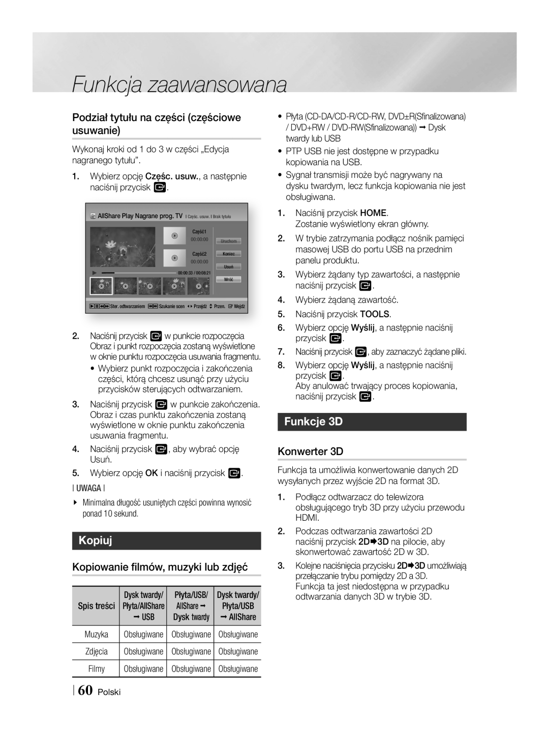 Samsung BD-E8300/EN Podział tytułu na części częściowe usuwanie, Kopiuj, Kopiowanie filmów, muzyki lub zdjęć, Funkcje 3D 