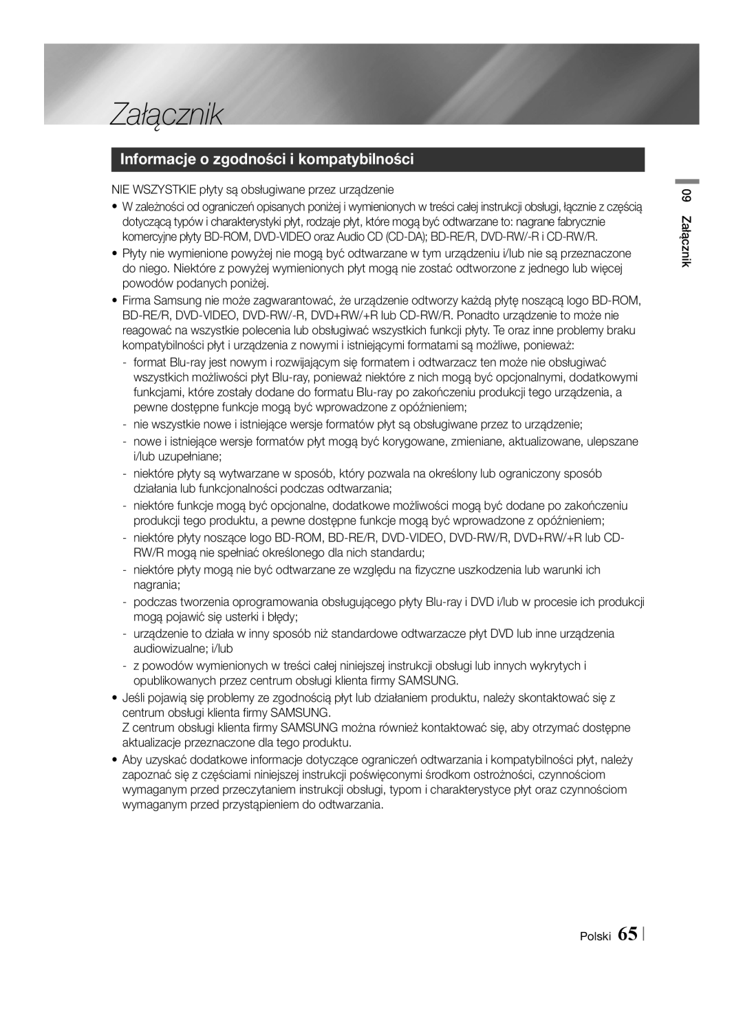 Samsung BD-E8500/EN, BD-E8300/EN manual Załącznik, Informacje o zgodności i kompatybilności 