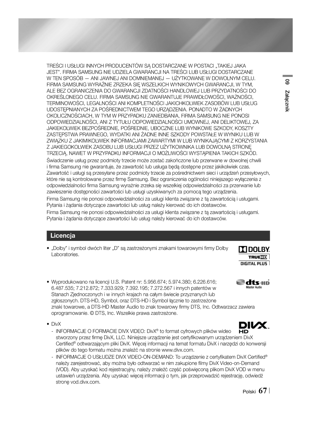 Samsung BD-E8500/EN, BD-E8300/EN manual Licencja, 09 Załącznik Polski 