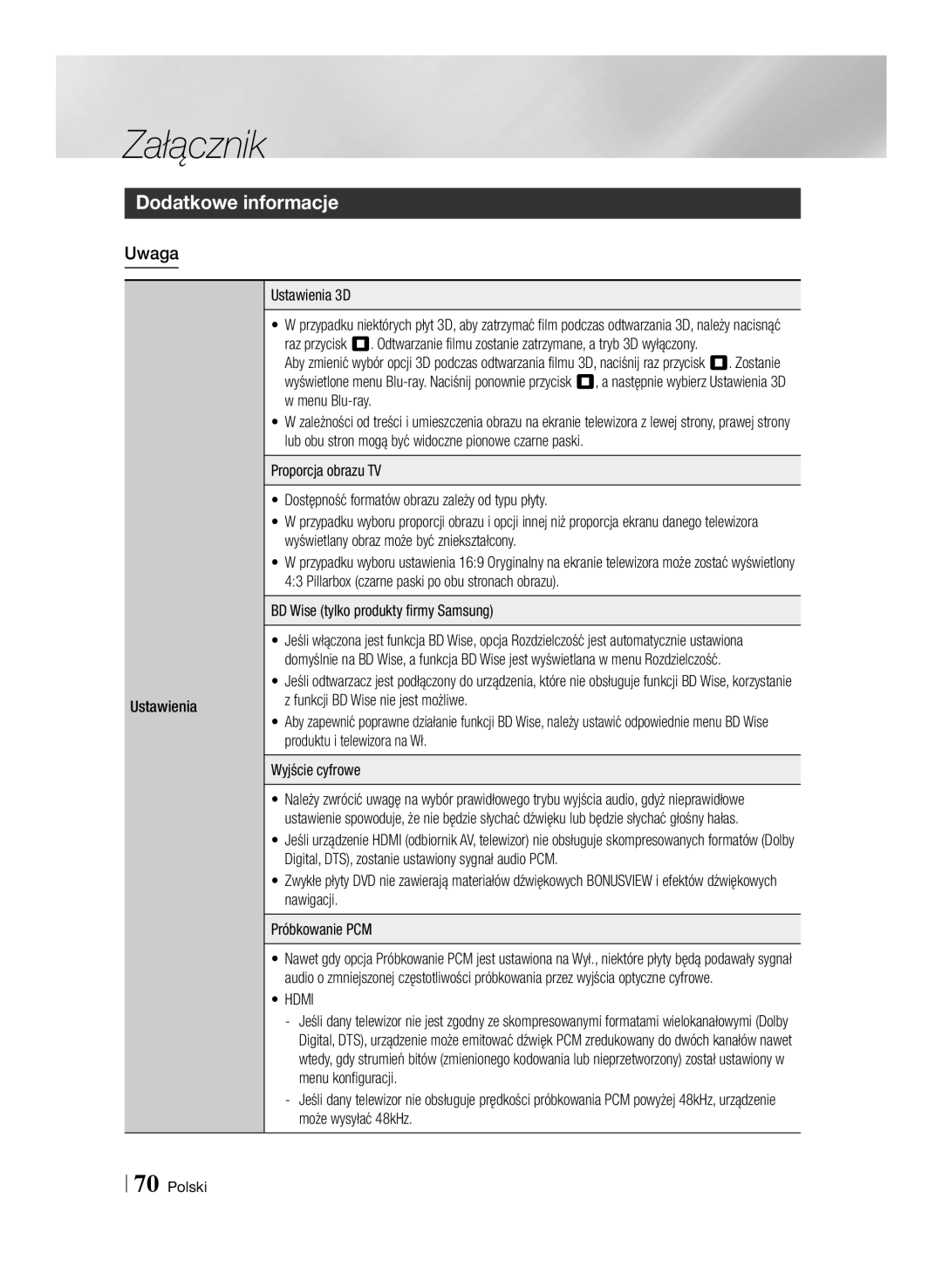 Samsung BD-E8300/EN manual Dodatkowe informacje, Uwaga, Ustawienia Ustawienia 3D, BD Wise tylko produkty firmy Samsung 