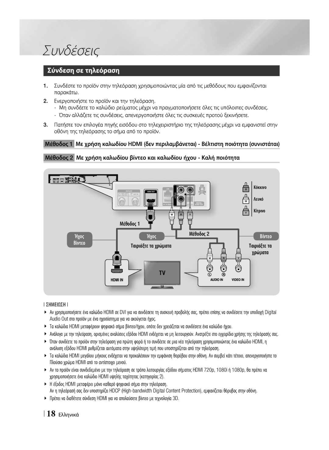 Samsung BD-E8500/EN, BD-E8300/EN manual Σύνδεση σε τηλεόραση, Ταιριάξτε τα χρώματα Μέθοδος, Χρώματα, 18 Ελληνικά 