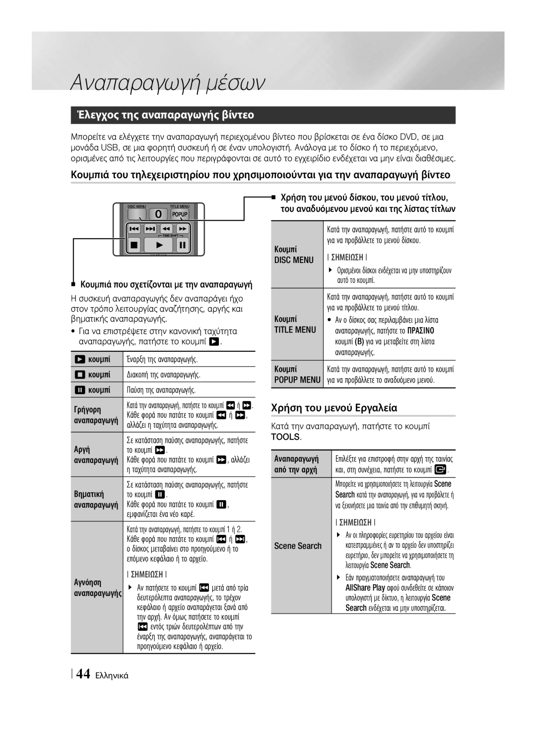 Samsung BD-E8500/EN, BD-E8300/EN Έλεγχος της αναπαραγωγής βίντεο, Χρήση του μενού Εργαλεία, Disc Menu, Title Menu, Tools 
