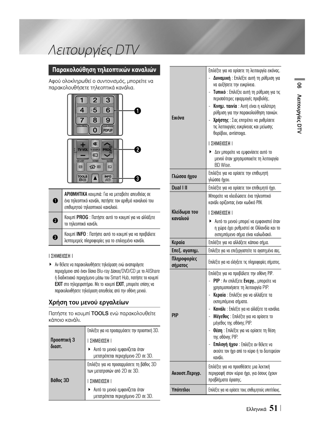 Samsung BD-E8300/EN, BD-E8500/EN manual Λειτουργίες DTV, Χρήση του μενού εργαλείων, Pip 