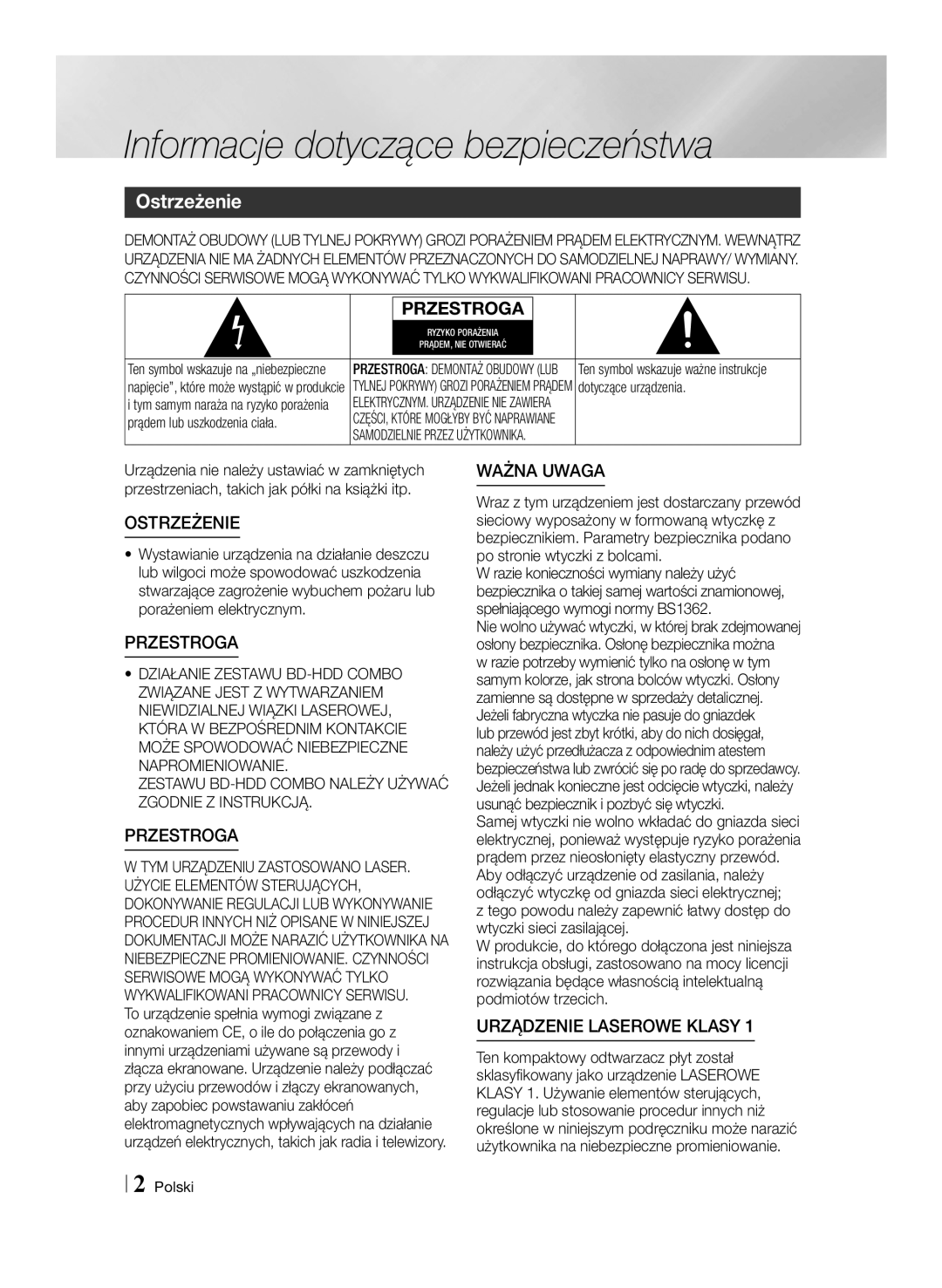 Samsung BD-E8300/EN, BD-E8500/EN manual Informacje dotyczące bezpieczeństwa, Ostrzeżenie 