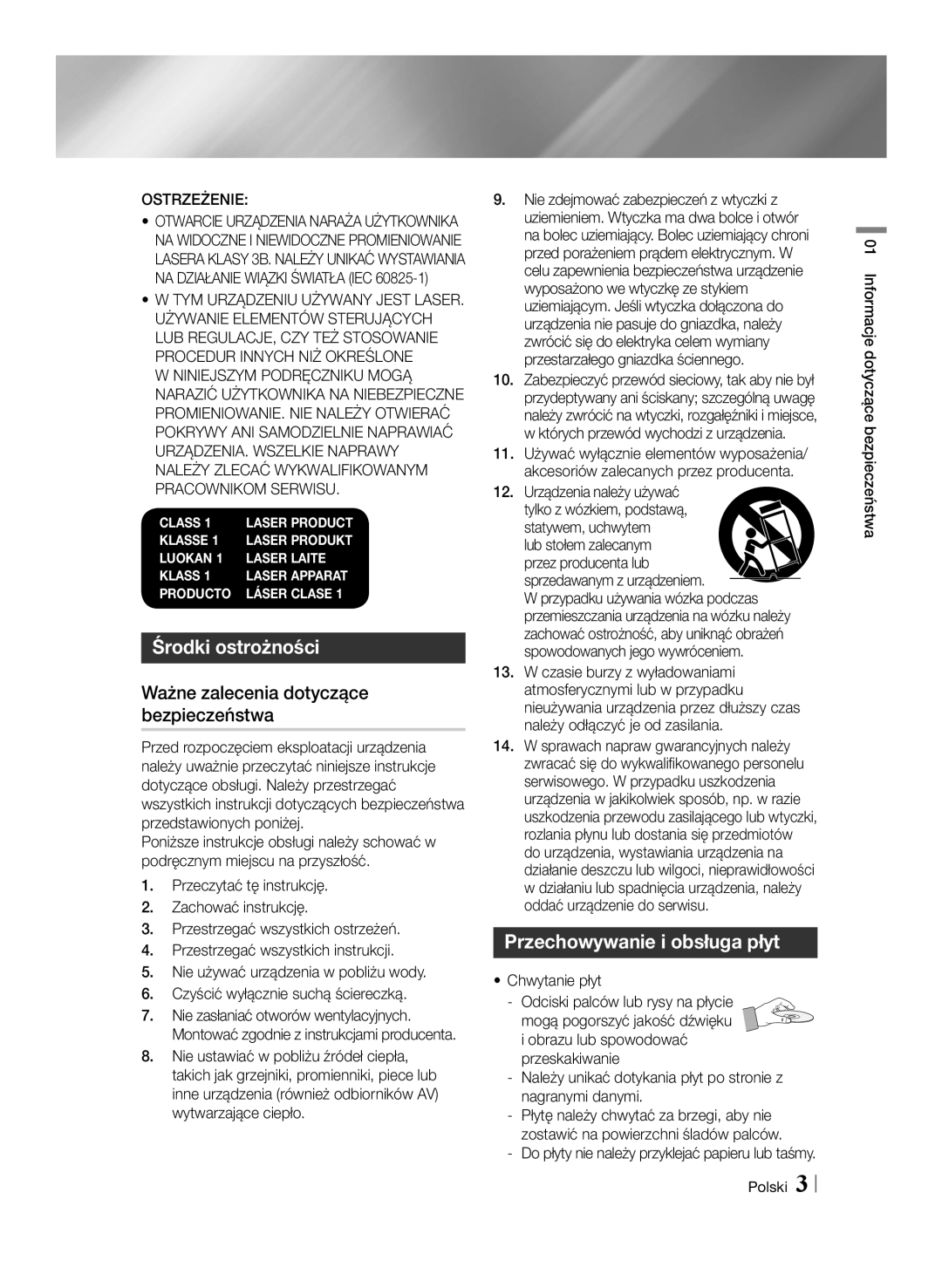 Samsung BD-E8500/EN manual Środki ostrożności, Ważne zalecenia dotyczące bezpieczeństwa, Przechowywanie i obsługa płyt 