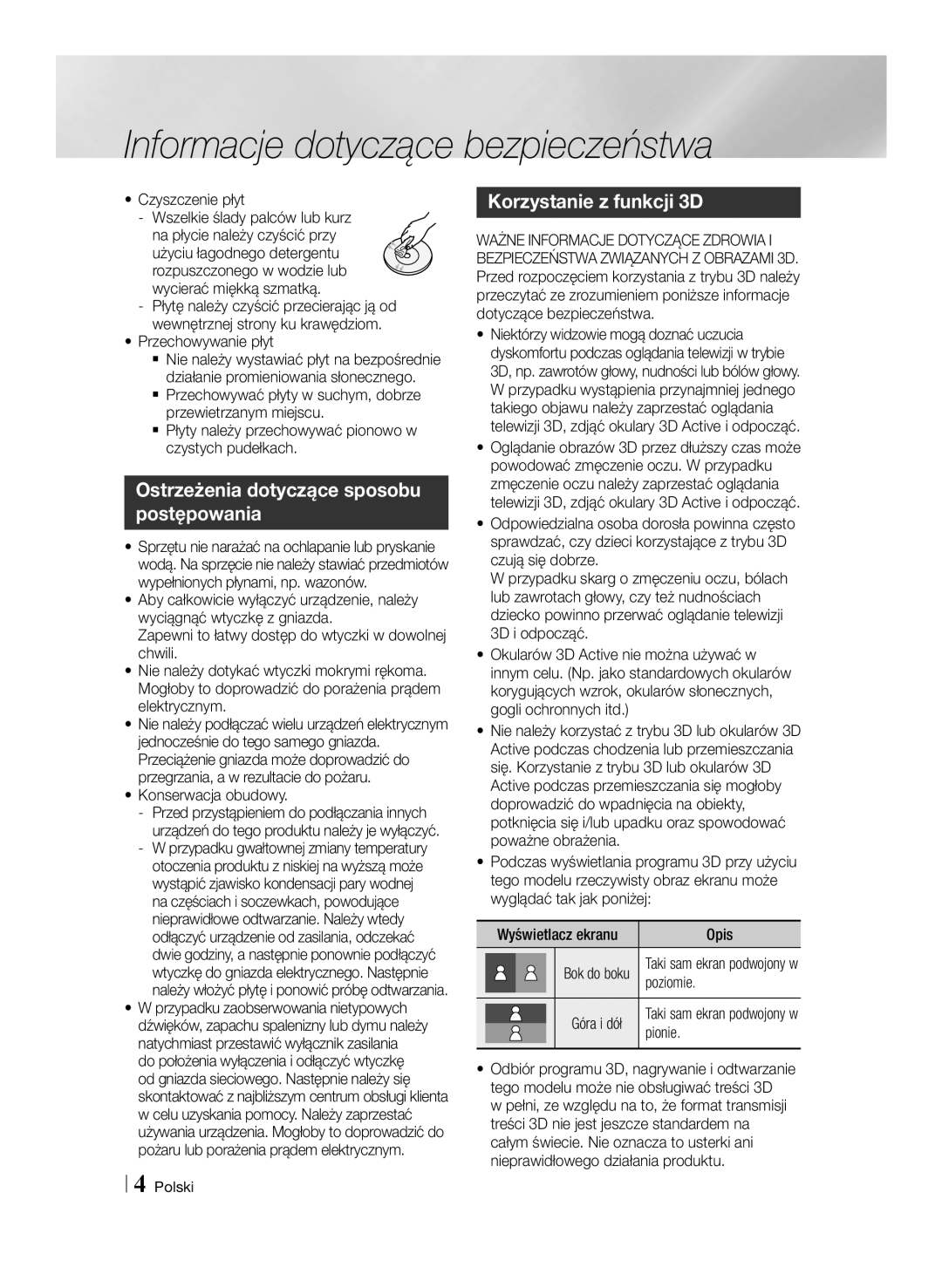 Samsung BD-E8300/EN, BD-E8500/EN manual Ostrzeżenia dotyczące sposobu postępowania, Korzystanie z funkcji 3D 