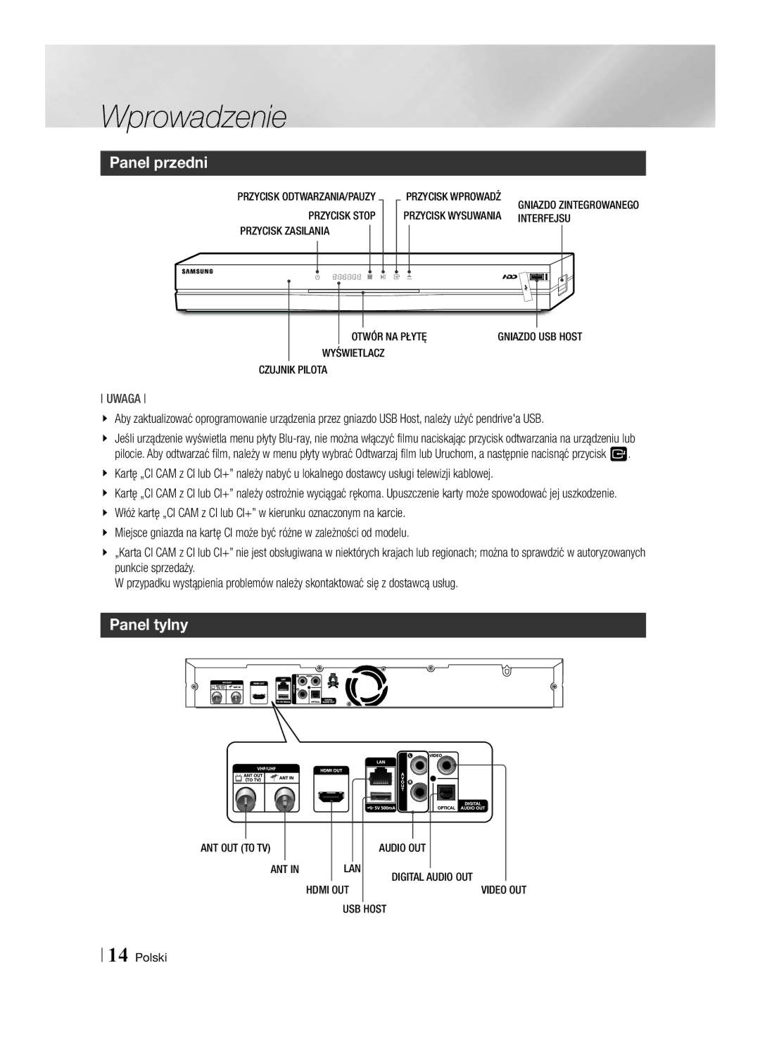 Samsung BD-E8300/EN, BD-E8500/EN manual Panel przedni, Panel tylny 