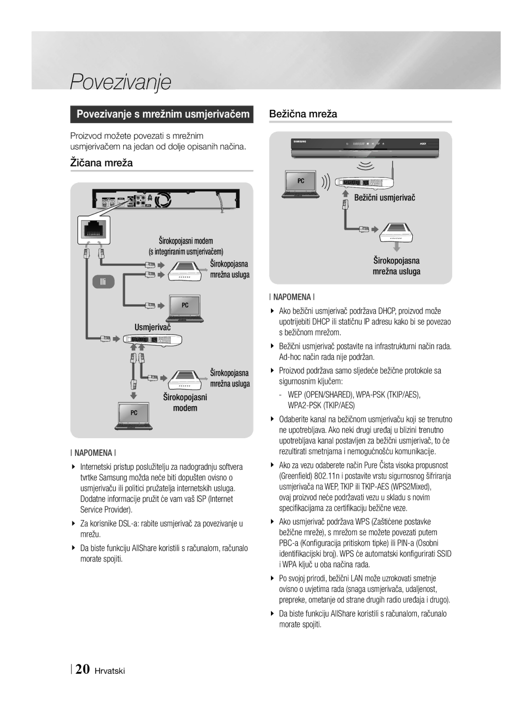 Samsung BD-E8500/EN, BD-E8300/EN manual Žičana mreža, Usmjerivač, Bežični usmjerivač, Širokopojasna mrežna usluga 