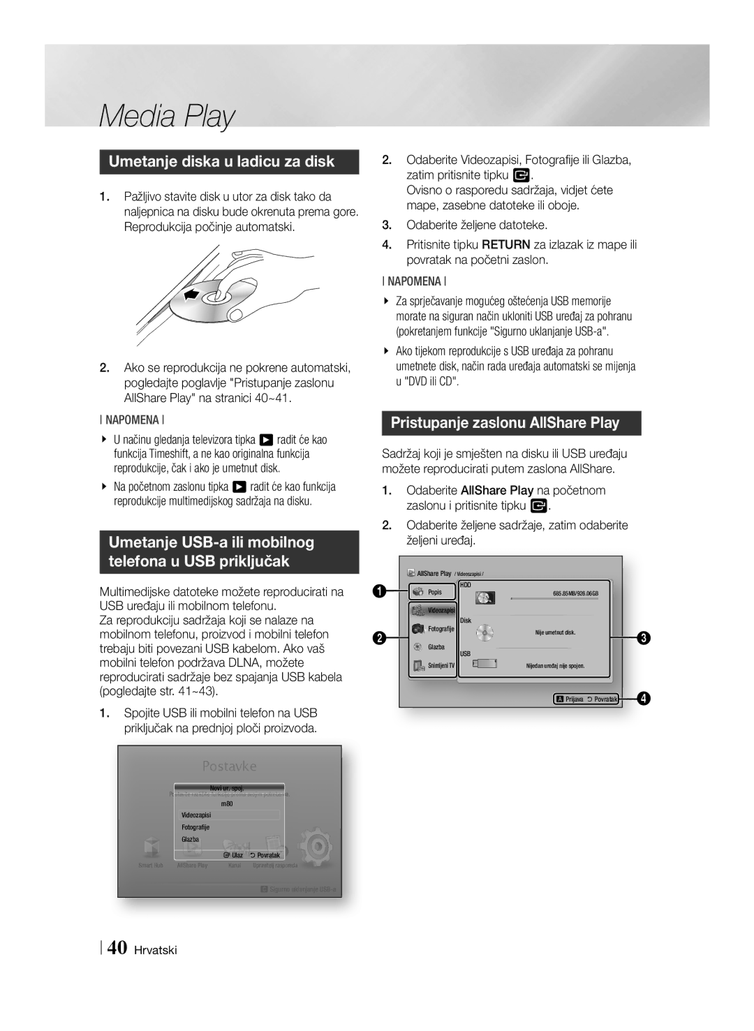 Samsung BD-E8500/EN, BD-E8300/EN manual Media Play, Umetanje diska u ladicu za disk, Pristupanje zaslonu AllShare Play 