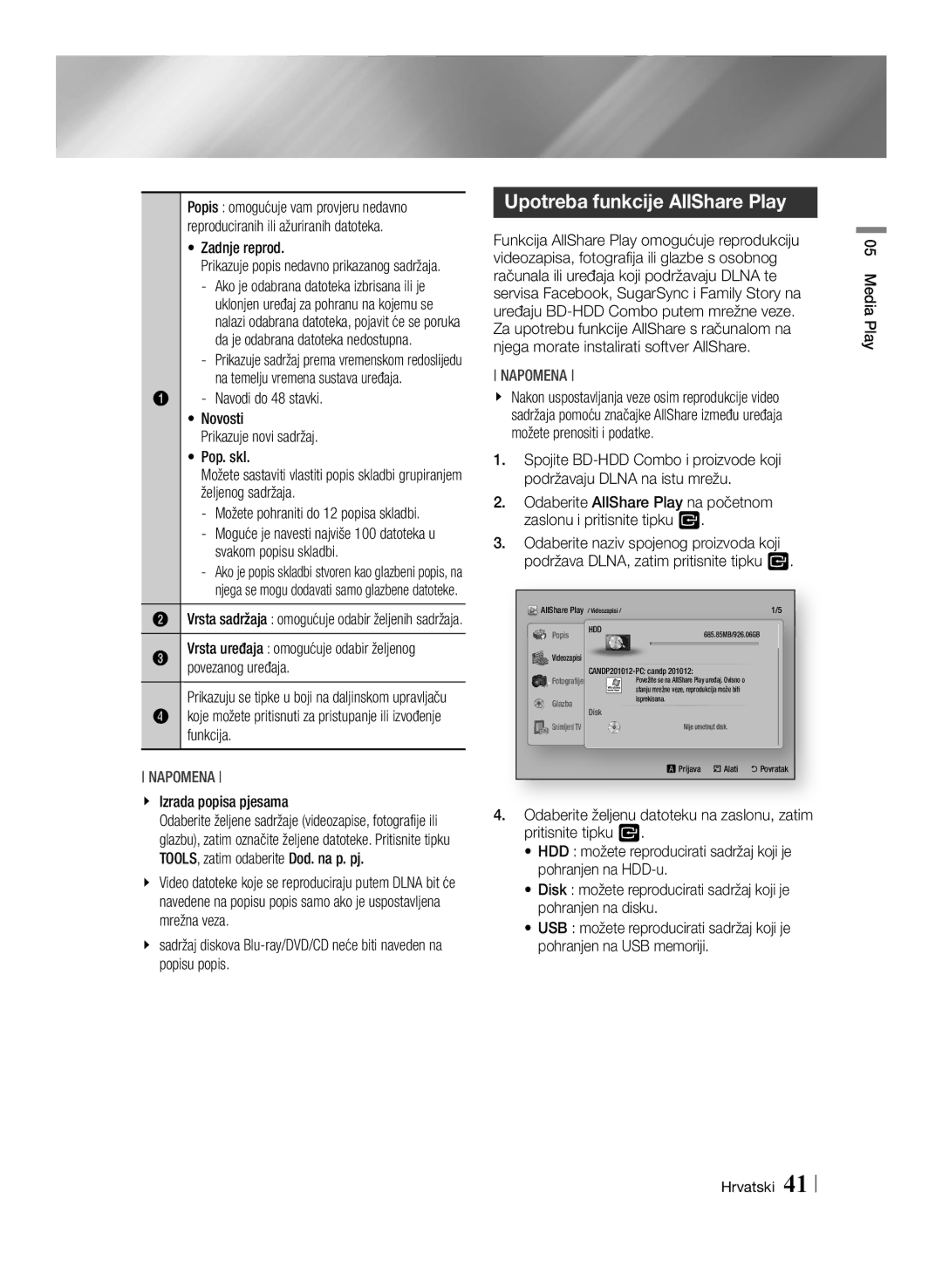 Samsung BD-E8300/EN, BD-E8500/EN manual Upotreba funkcije AllShare Play 