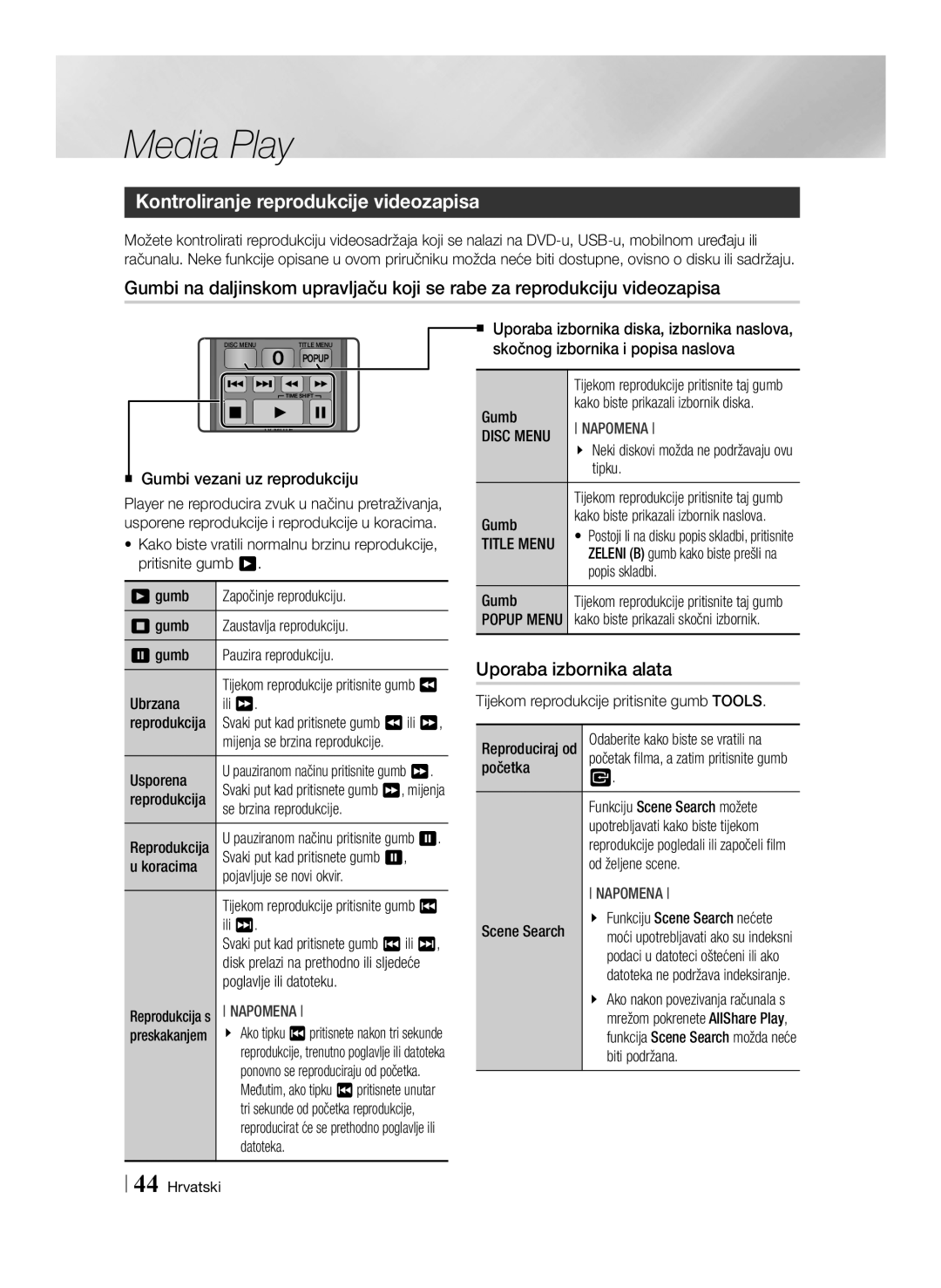 Samsung BD-E8500/EN, BD-E8300/EN manual Kontroliranje reprodukcije videozapisa, Uporaba izbornika alata 