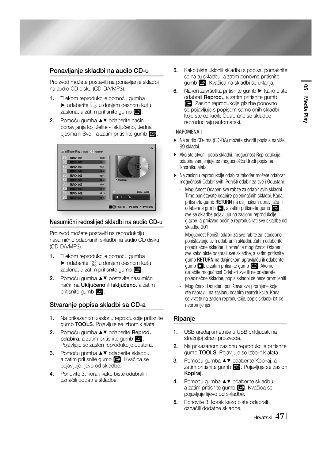 Samsung BD-E8300/EN Ponavljanje skladbi na audio CD-u, Stvaranje popisa skladbi sa CD-a, Ripanje, Hrvatski Media Play 