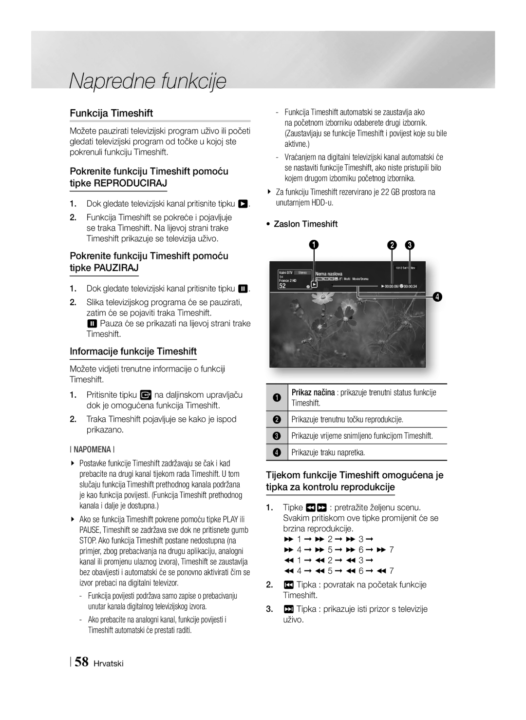 Samsung BD-E8500/EN, BD-E8300/EN Pokrenite funkciju Timeshift pomoću tipke Reproduciraj, Informacije funkcije Timeshift 