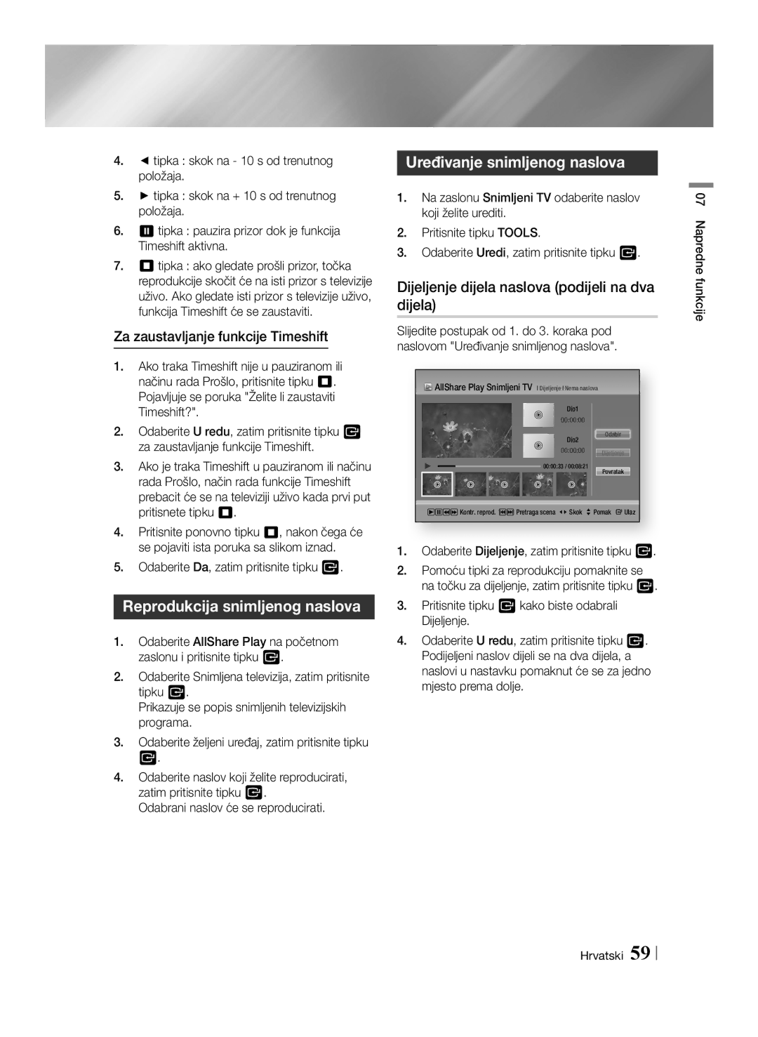 Samsung BD-E8300/EN, BD-E8500/EN Dijeljenje dijela naslova podijeli na dva dijela, Odaberite Da, zatim pritisnite tipku 