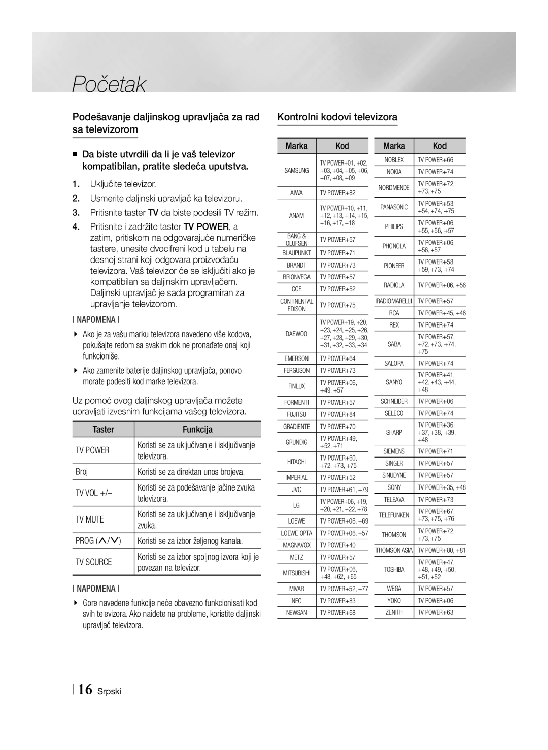 Samsung BD-E8500/EN manual Podešavanje daljinskog upravljača za rad sa televizorom, Kontrolni kodovi televizora, Kod, Marka 