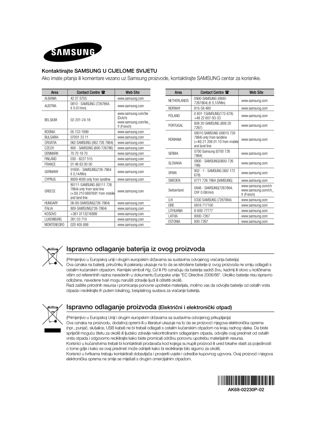 Samsung BD-E8500/EN, BD-E8300/EN manual Ispravno odlaganje baterija iz ovog proizvoda 