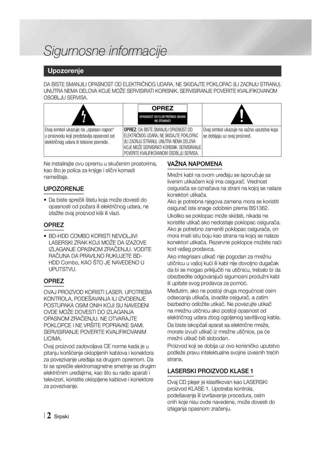 Samsung BD-E8500/EN, BD-E8300/EN manual Sigurnosne informacije, Upozorenje 