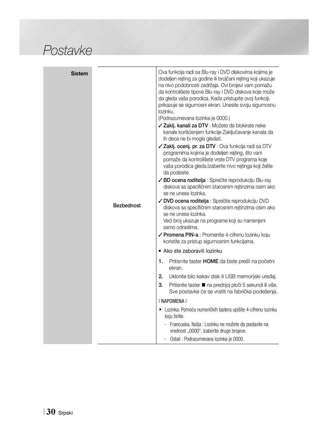 Samsung BD-E8500/EN, BD-E8300/EN manual Bezbednost, Podrazumevana lozinka je 