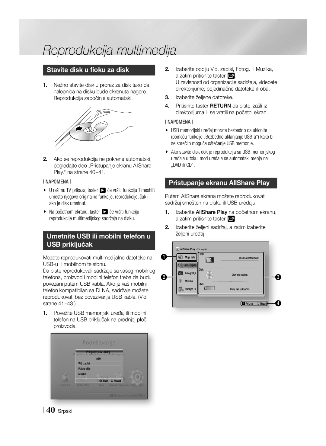 Samsung BD-E8500/EN, BD-E8300/EN Reprodukcija multimedija, Stavite disk u fioku za disk, Pristupanje ekranu AllShare Play 