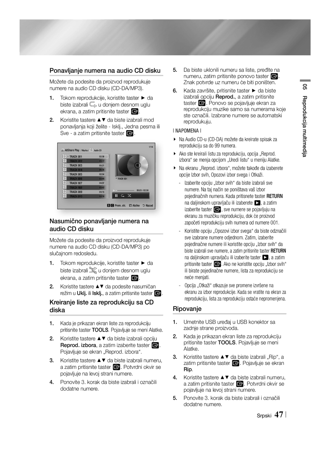 Samsung BD-E8300/EN manual Ponavljanje numera na audio CD disku, Nasumično ponavljanje numera na audio CD disku, Ripovanje 