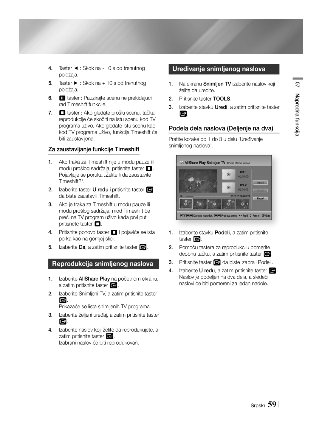 Samsung BD-E8300/EN Reprodukcija snimljenog naslova, Uređivanje snimljenog naslova, Podela dela naslova Deljenje na dva 