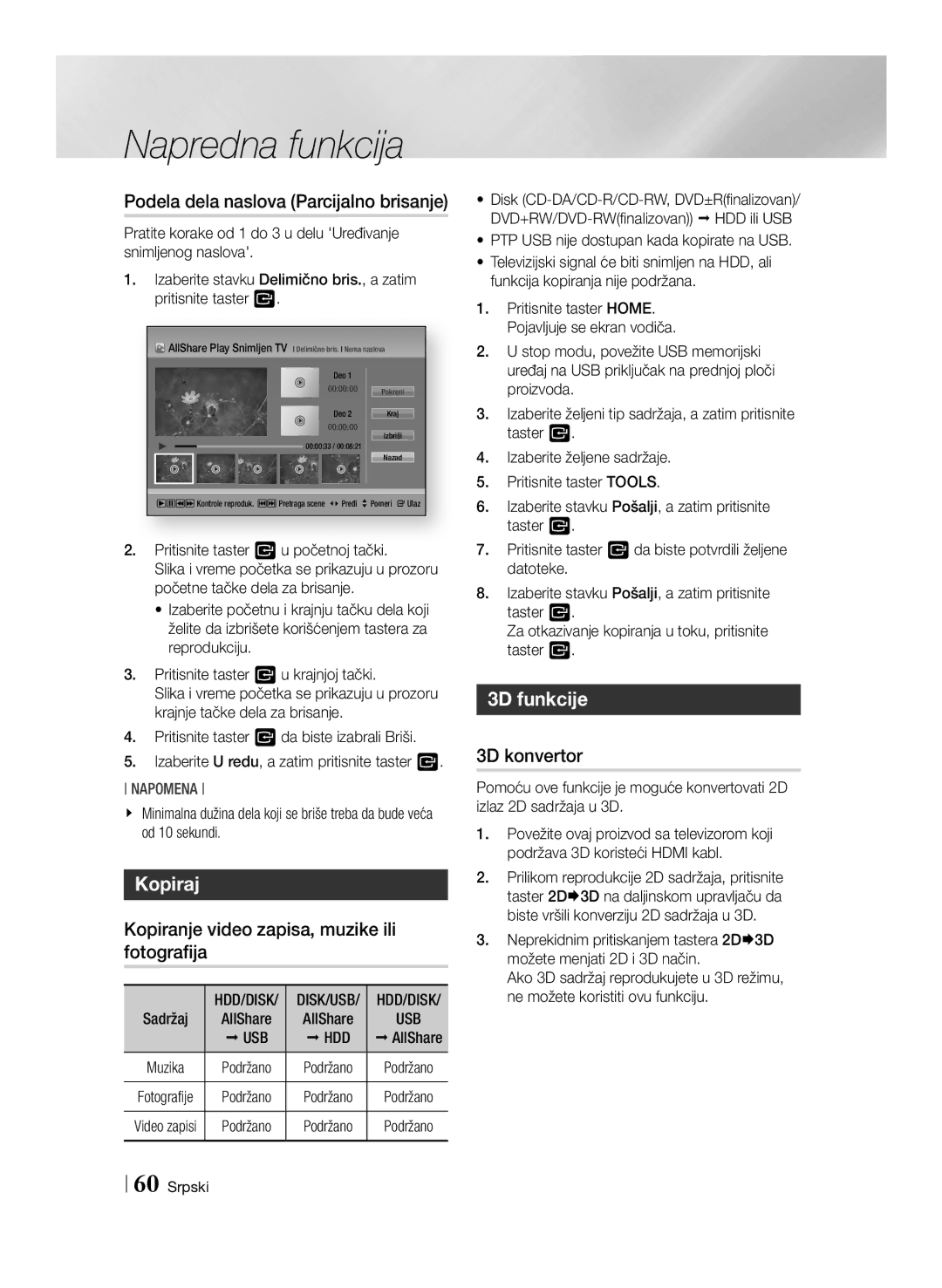 Samsung BD-E8500/EN manual Podela dela naslova Parcijalno brisanje, Kopiraj, Kopiranje video zapisa, muzike ili fotografija 