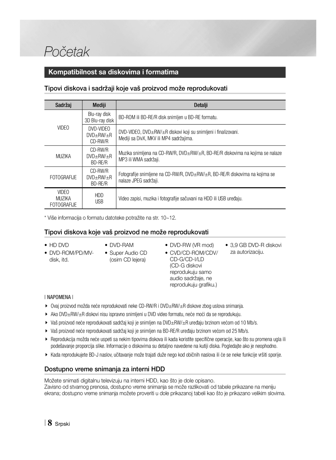 Samsung BD-E8500/EN, BD-E8300/EN Početak, Kompatibilnost sa diskovima i formatima, Dostupno vreme snimanja za interni HDD 