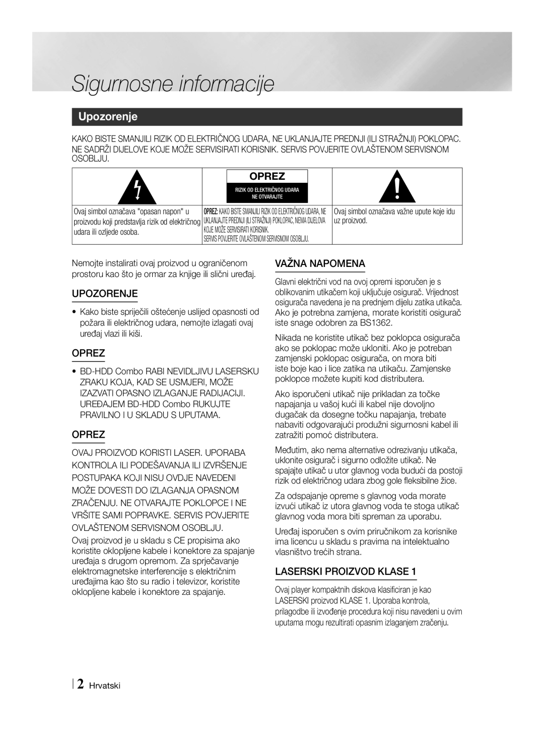 Samsung BD-E8500/EN, BD-E8300/EN manual Uz proizvod, Udara ili ozljede osoba, Hrvatski 