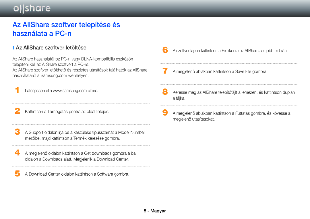 Samsung BD-E8300/EN, BD-E8900/EN manual Az AllShare szoftver telepítése és használata a PC-n, Az AllShare szoftver letöltése 