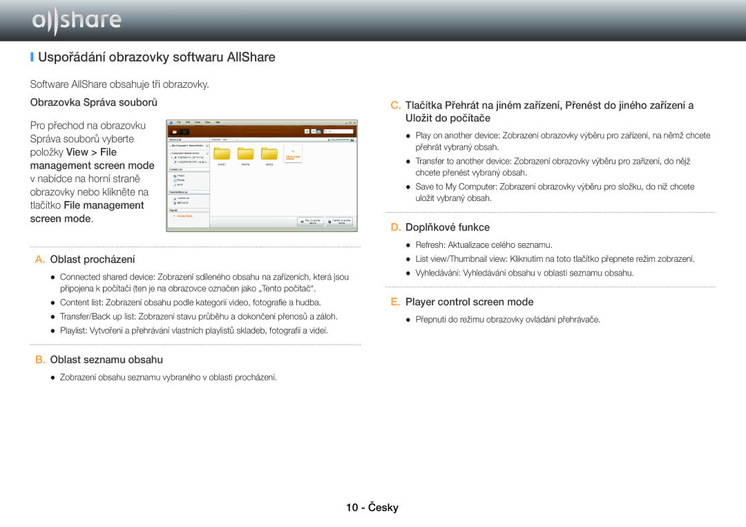 Samsung BD-E8500/EN, BD-E8900/EN, BD-E6100/EN, BD-E8300/EN manual Uspořádání obrazovky softwaru AllShare, Doplňkové funkce 