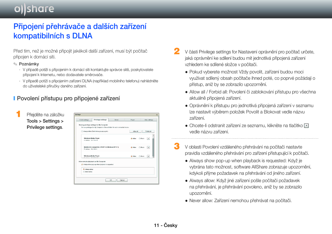 Samsung BD-E8300/EN, BD-E8900/EN, BD-E6100/EN, BD-E8500/EN manual Povolení přístupu pro připojené zařízení 