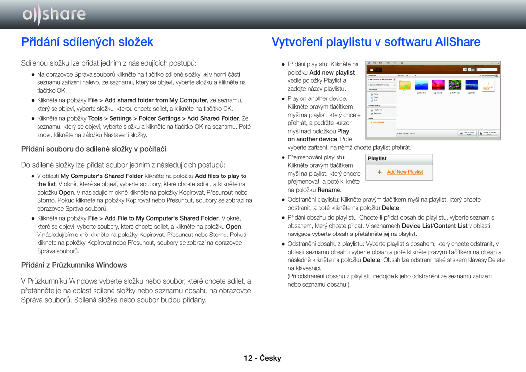 Samsung BD-E8900/EN, BD-E6100/EN, BD-E8500/EN, BD-E8300/EN Přidání sdílených složek, Vytvoření playlistu v softwaru AllShare 