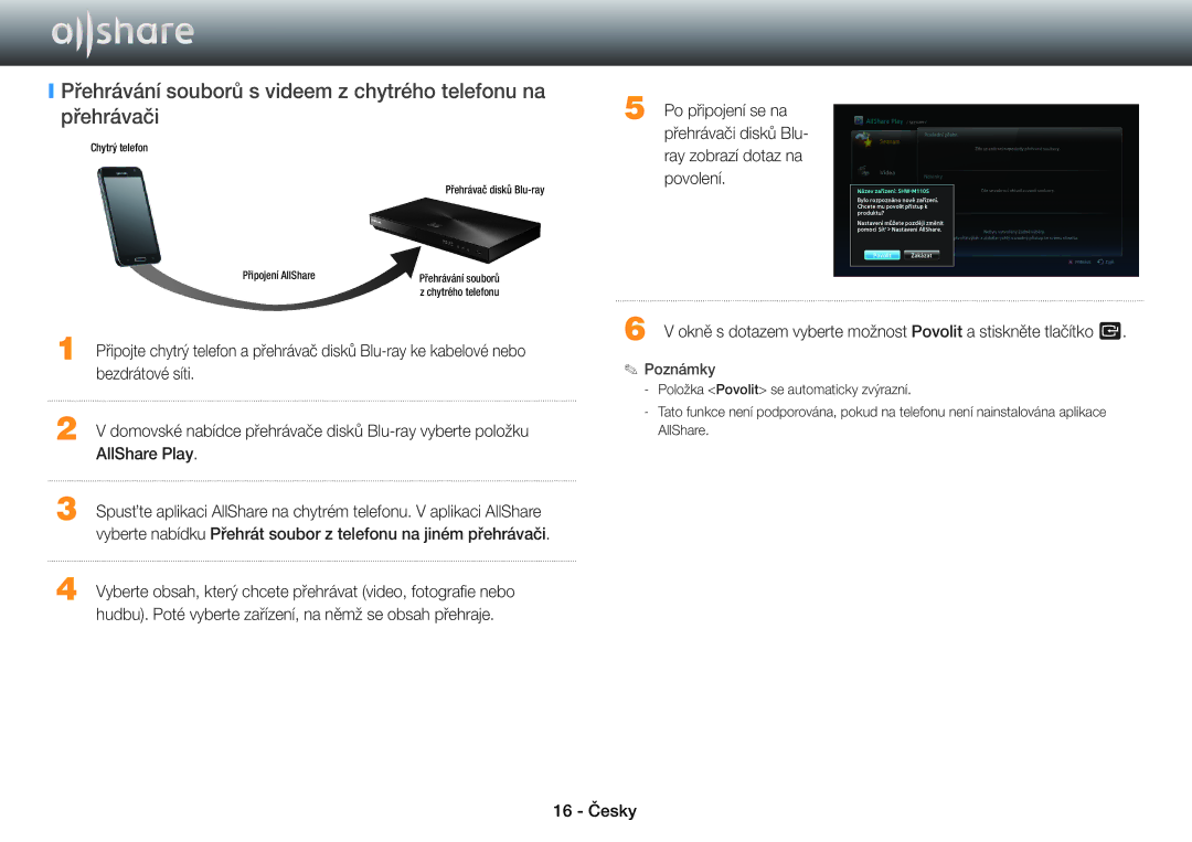 Samsung BD-E8900/EN, BD-E6100/EN Bezdrátové síti, AllShare Play, Hudbu. Poté vyberte zařízení, na němž se obsah přehraje 