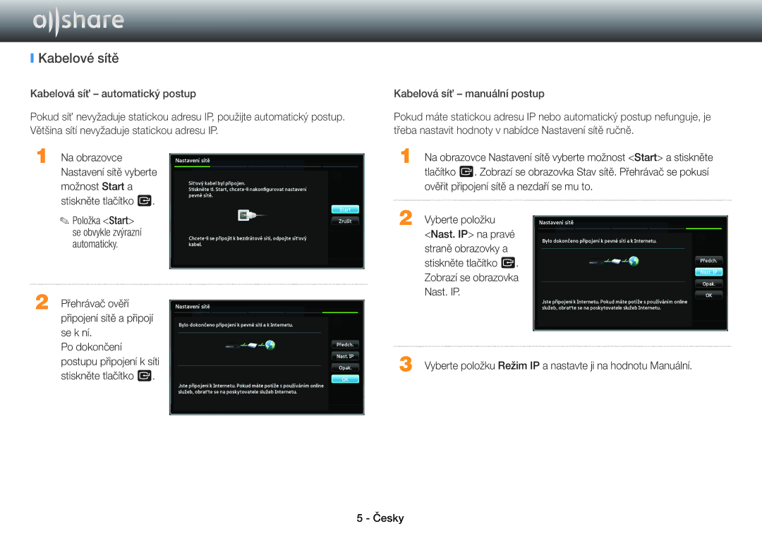 Samsung BD-E6100/EN, BD-E8900/EN, BD-E8500/EN, BD-E8300/EN manual Kabelové sítě 