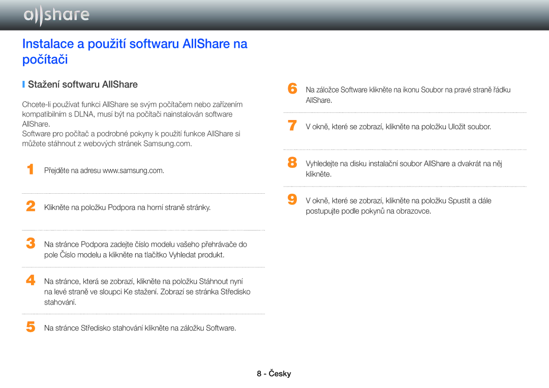 Samsung BD-E8900/EN, BD-E6100/EN, BD-E8500/EN Instalace a použití softwaru AllShare na počítači, Stažení softwaru AllShare 