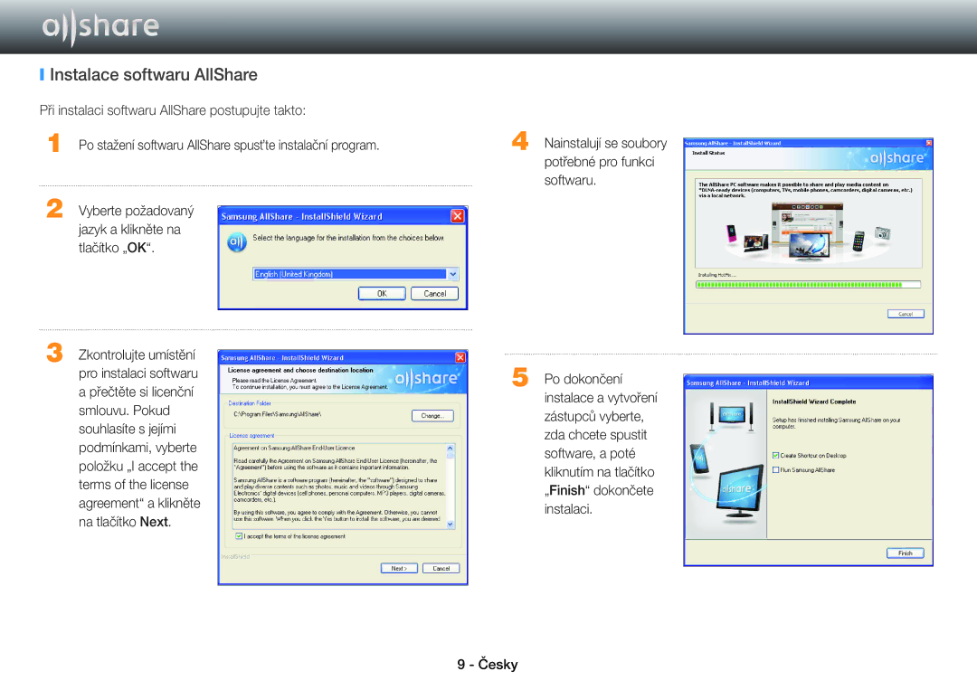 Samsung BD-E6100/EN, BD-E8900/EN, BD-E8500/EN, BD-E8300/EN manual Instalace softwaru AllShare, Potřebné pro funkci, Softwaru 