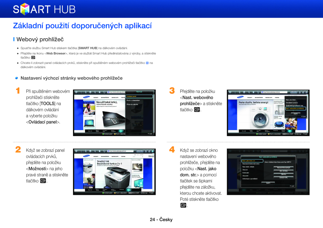 Samsung BD-E8900/EN, BD-E6100/EN manual Základní použití doporučených aplikací, Webový prohlížeč, Při spuštěném webovém 