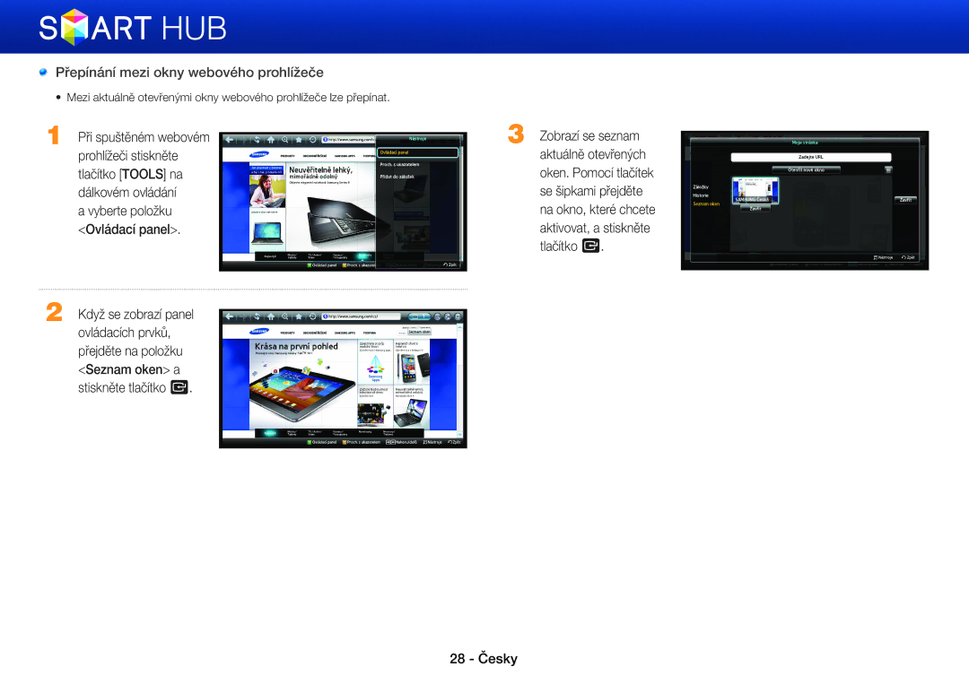 Samsung BD-E8900/EN, BD-E6100/EN, BD-E8500/EN, BD-E8300/EN manual Přepínání mezi okny webového prohlížeče 