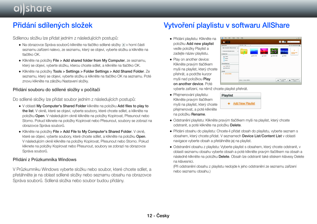 Samsung BD-E8900/EN, BD-E6100/EN, BD-E8500/EN Přidání sdílených složek, Vytvoření playlistu v softwaru AllShare, 12 - Česky 