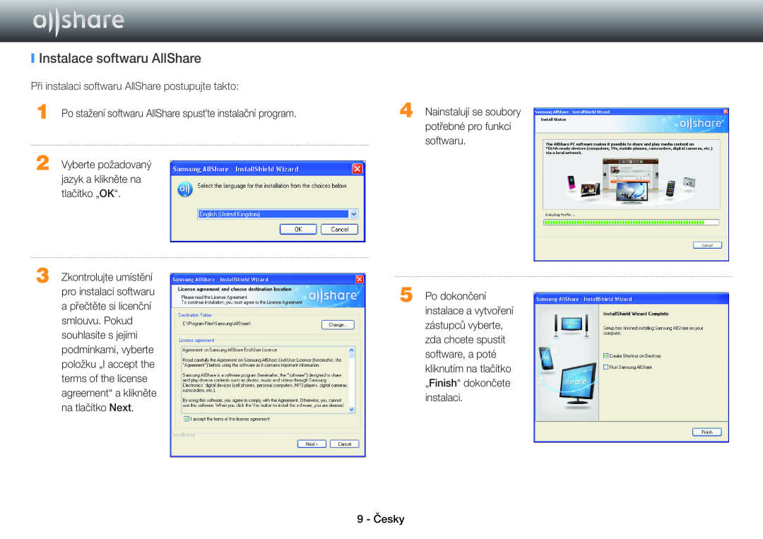 Samsung BD-E6100/EN manual Instalace softwaru AllShare, Po stažení softwaru AllShare spusťte instalační program, 9 - Česky 