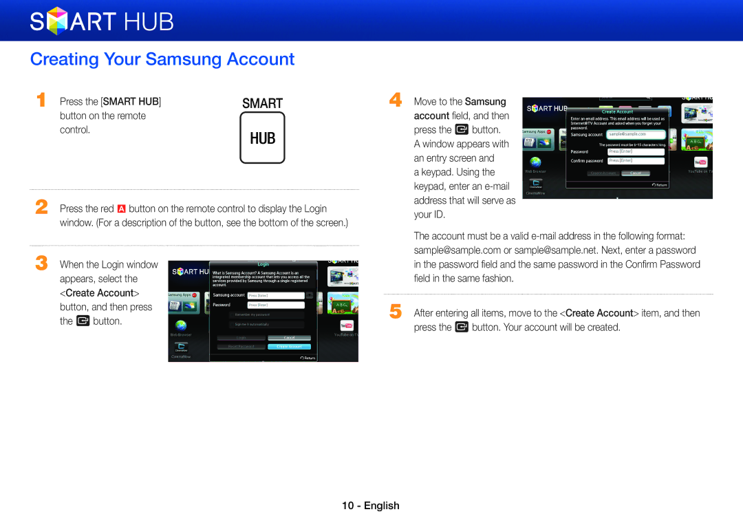 Samsung BD-E8900/EN, BD-E6100/XN manual Creating Your Samsung Account, Press the Smart HUB, Button on the remote, Control 