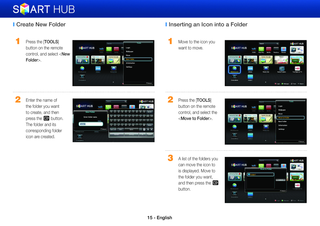 Samsung BD-E6100/ZF, BD-E8900/EN Create New Folder, Inserting an Icon into a Folder, Move to the icon you want to move 