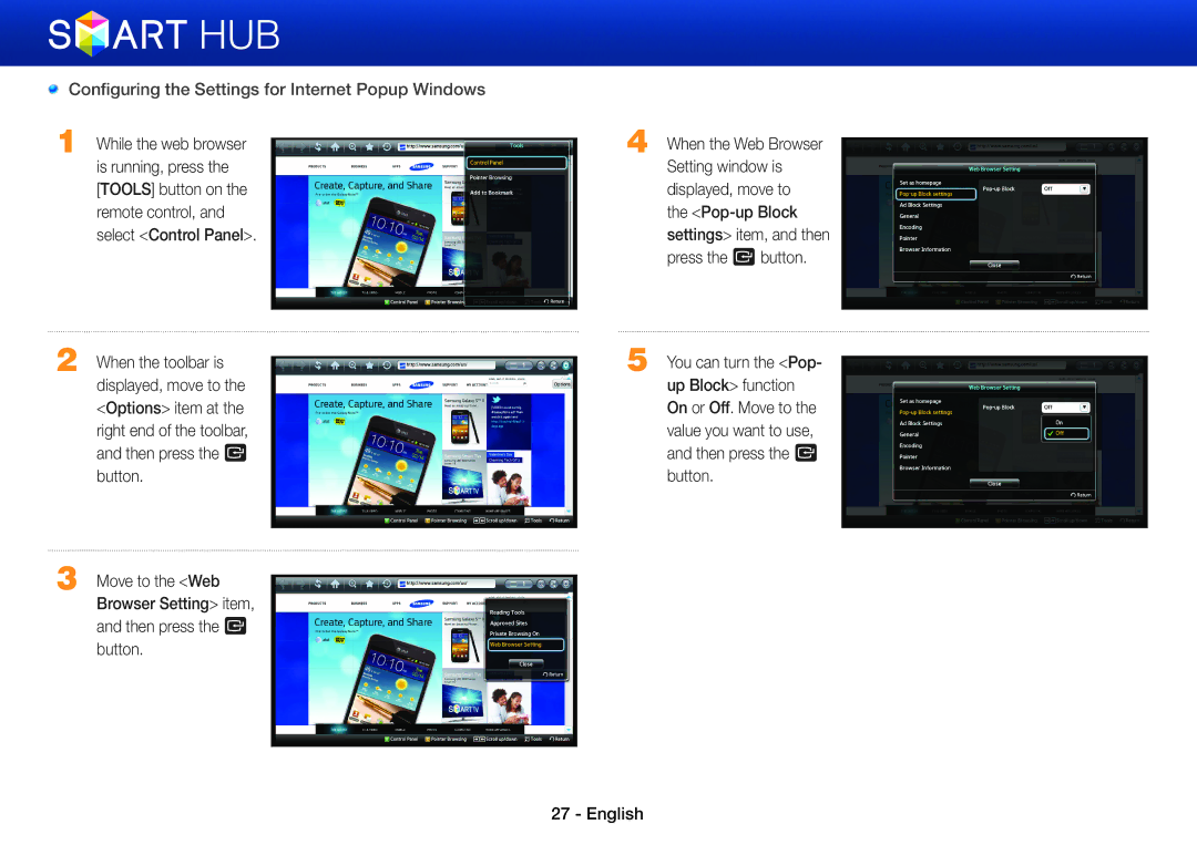 Samsung BD-E8500/ZF, BD-E8900/EN, BD-E6100/XN, BD-E6100/EN, BD-E8500/EN Configuring the Settings for Internet Popup Windows 