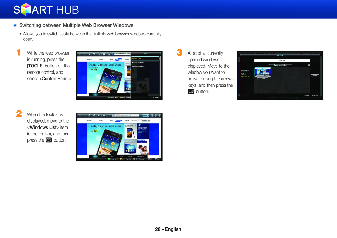 Samsung BD-E8300/ZF, BD-E8900/EN, BD-E6100/XN, BD-E6100/EN, BD-E8500/EN manual Switching between Multiple Web Browser Windows 