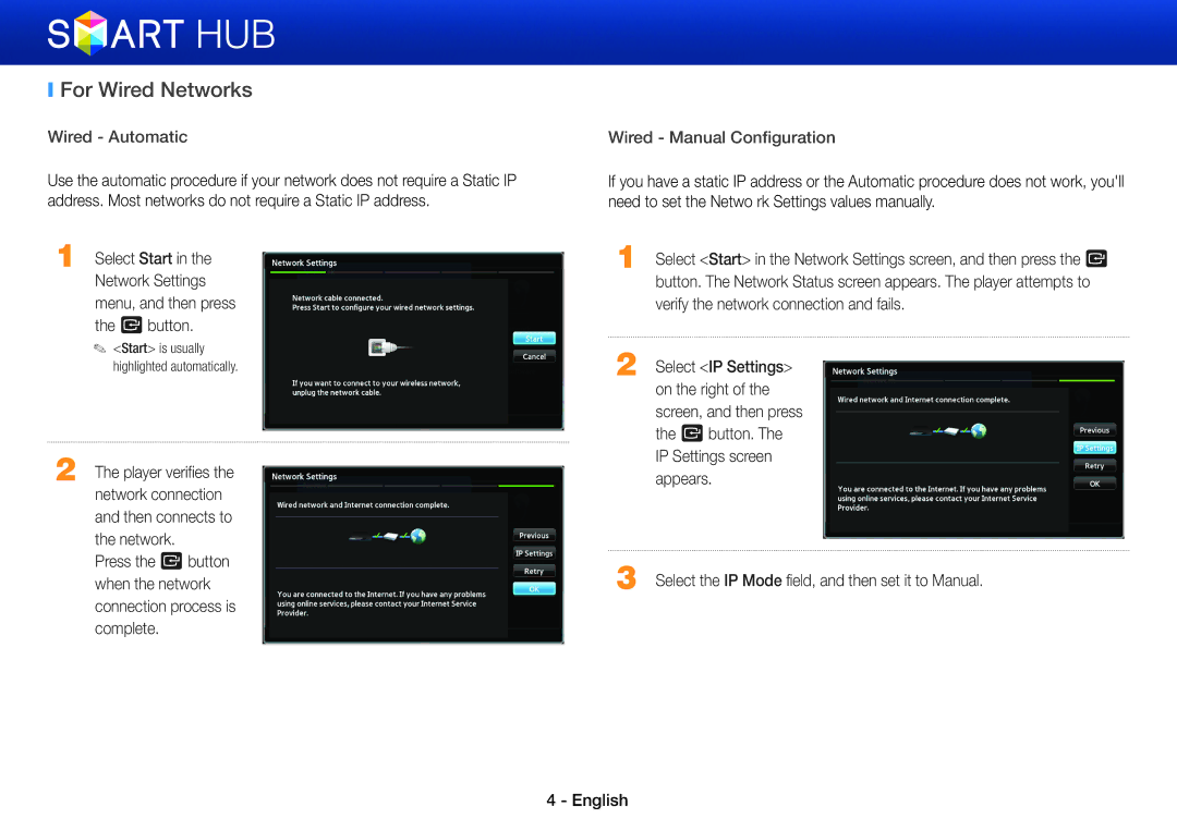 Samsung BD-E8300/EN manual For Wired Networks, Verify the network connection and fails, Select IP Settings, On the right 