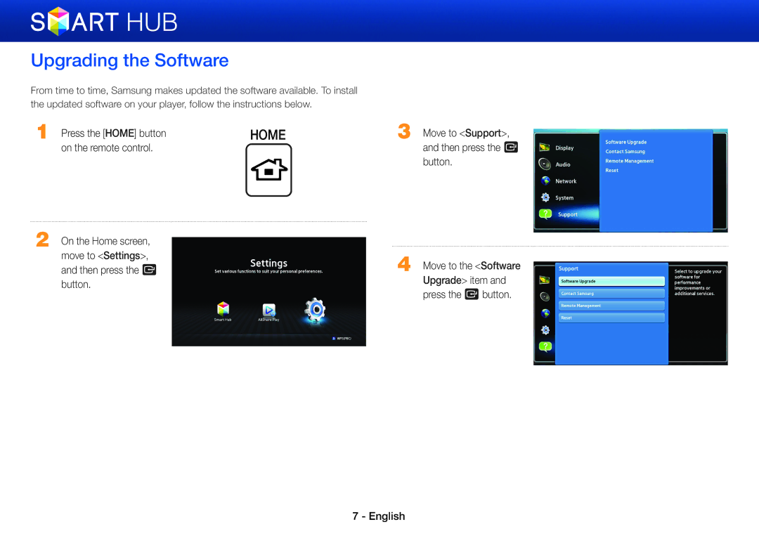 Samsung BD-E8500/ZF, BD-E8900/EN, BD-E6100/XN, BD-E6100/EN, BD-E8500/EN manual Upgrading the Software, Press the Home button 