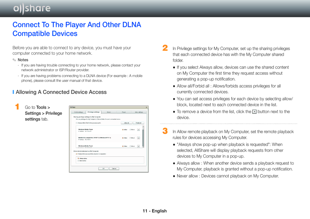 Samsung BD-E6100/XN manual Connect To The Player And Other Dlna Compatible Devices, Allowing a Connected Device Access 