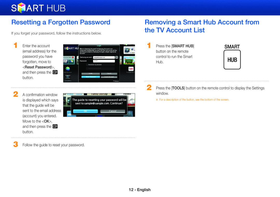 Samsung BD-E6100/EN manual Resetting a Forgotten Password, Removing a Smart Hub Account from the TV Account List, English 