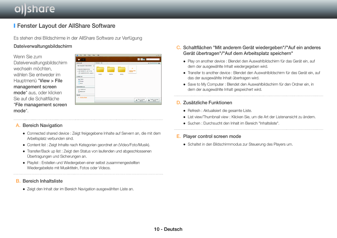 Samsung BD-E8300/ZF Fenster Layout der AllShare Software, Bereich Navigation, Bereich Inhaltsliste, Zusätzliche Funktionen 